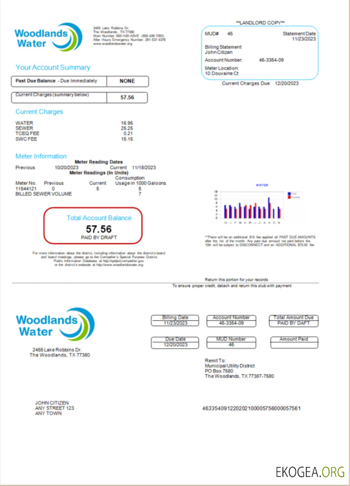 USA Woodlands Water utility bill Word and PDF template